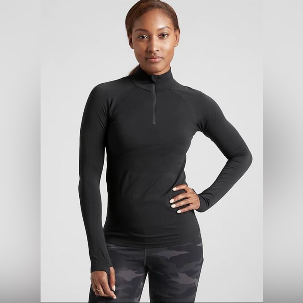 Athleta Momentum Seamless Half Zip Top, NWT Black Long Sleeve Thumb Holes